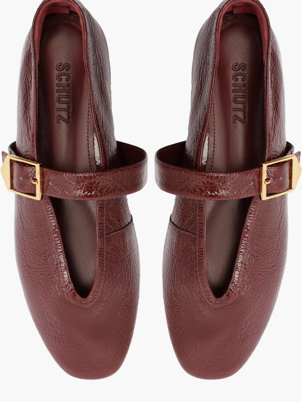 SCHUTZ Burgundy Leather Mary Jane Flats with Gold Buckle